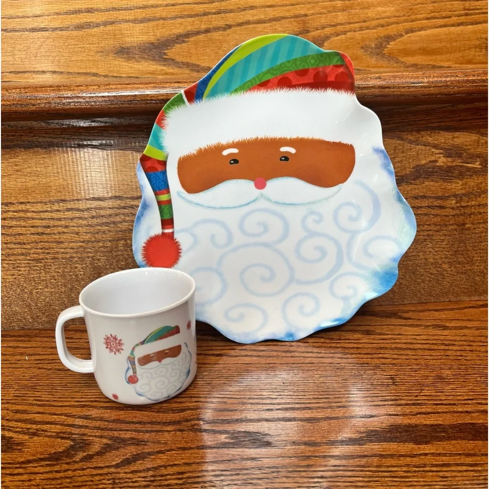 Childs Melamine African American Santa Christmas Holiday Plate With Matching Mug